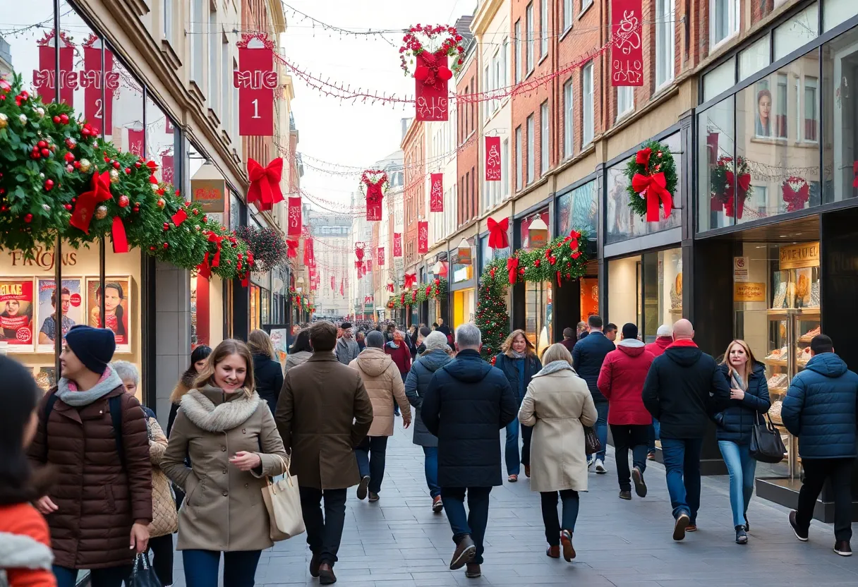 A busy shopping street in Kentucky decorated for the holiday season.