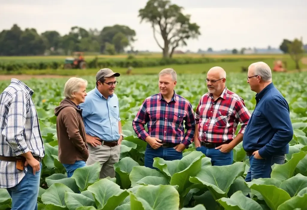 Kentucky farmers discussing crop insurance in a tobacco field
