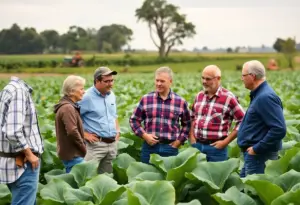 Kentucky farmers discussing crop insurance in a tobacco field