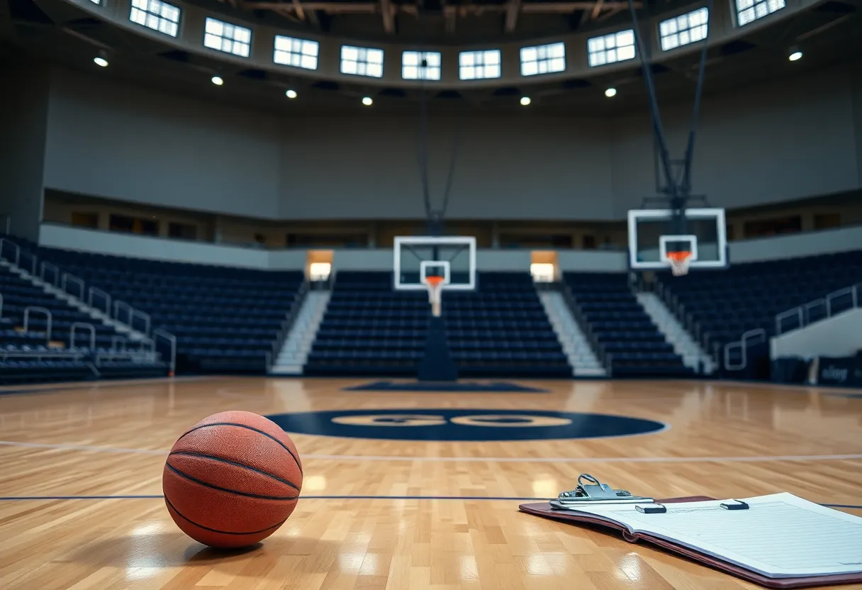 Image depicting a basketball court with empty stands and a coach's clipboard.