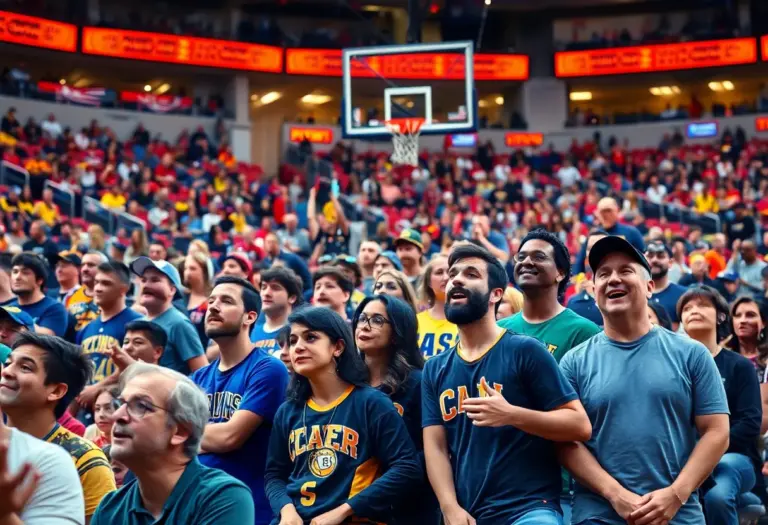 Basketball game atmosphere between Kentucky Wildcats and Gonzaga Bulldogs with fans cheering.