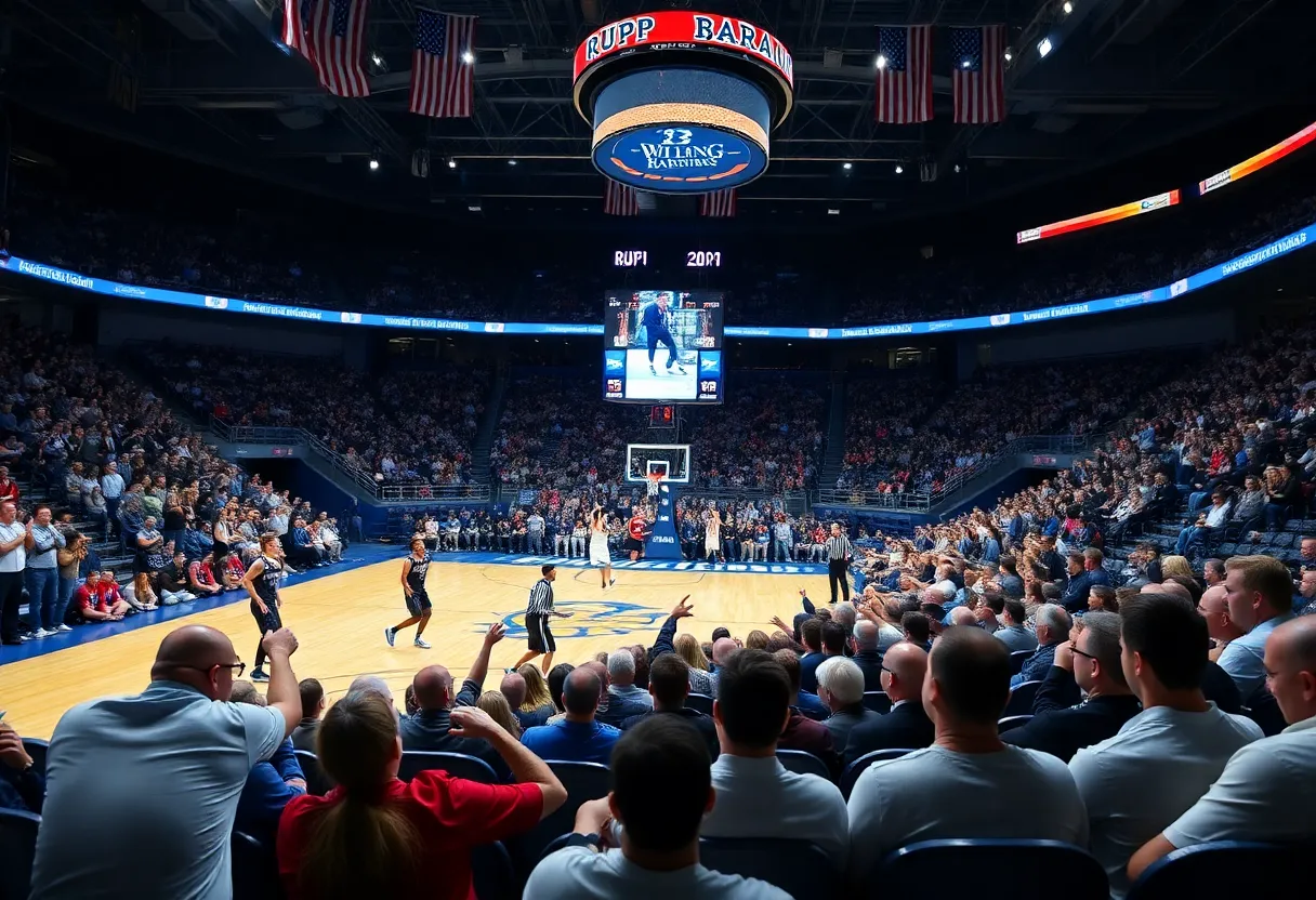 Kentucky Wildcats basketball players celebrating a victory over Indiana Hoosiers.