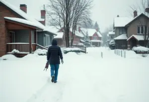 Winter scene in Kentucky showing houses and snowfall