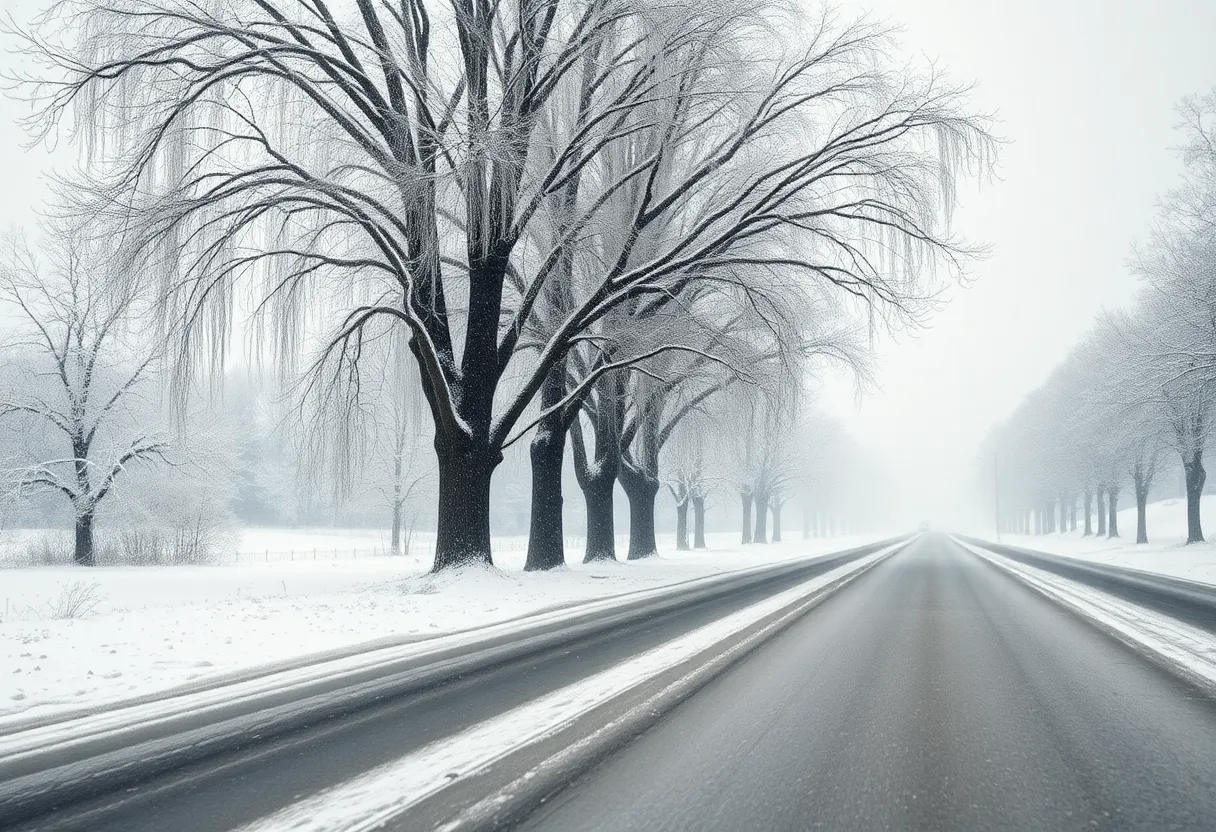 Snow-covered road in Kentucky during winter storm