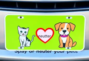 New Kentucky spay and neuter license plate with a kitten and dog illustration