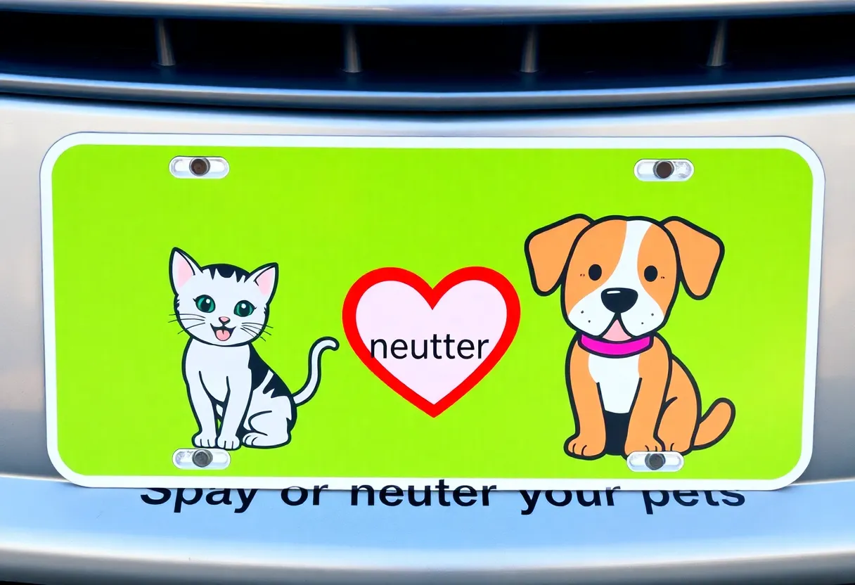 New Kentucky spay and neuter license plate with a kitten and dog illustration