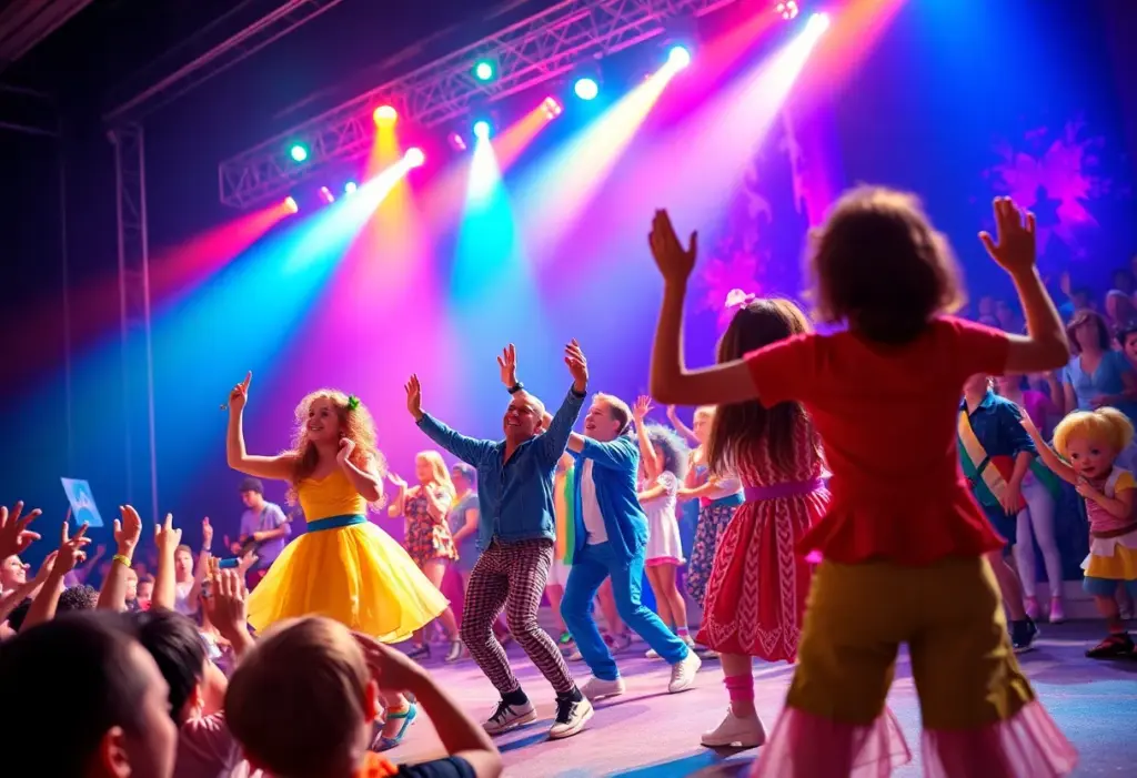 KIDZ BOP LIVE concert performance with colorful lights and energetic dancing.