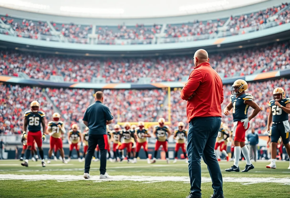Coach leading football team practice at Kentucky university