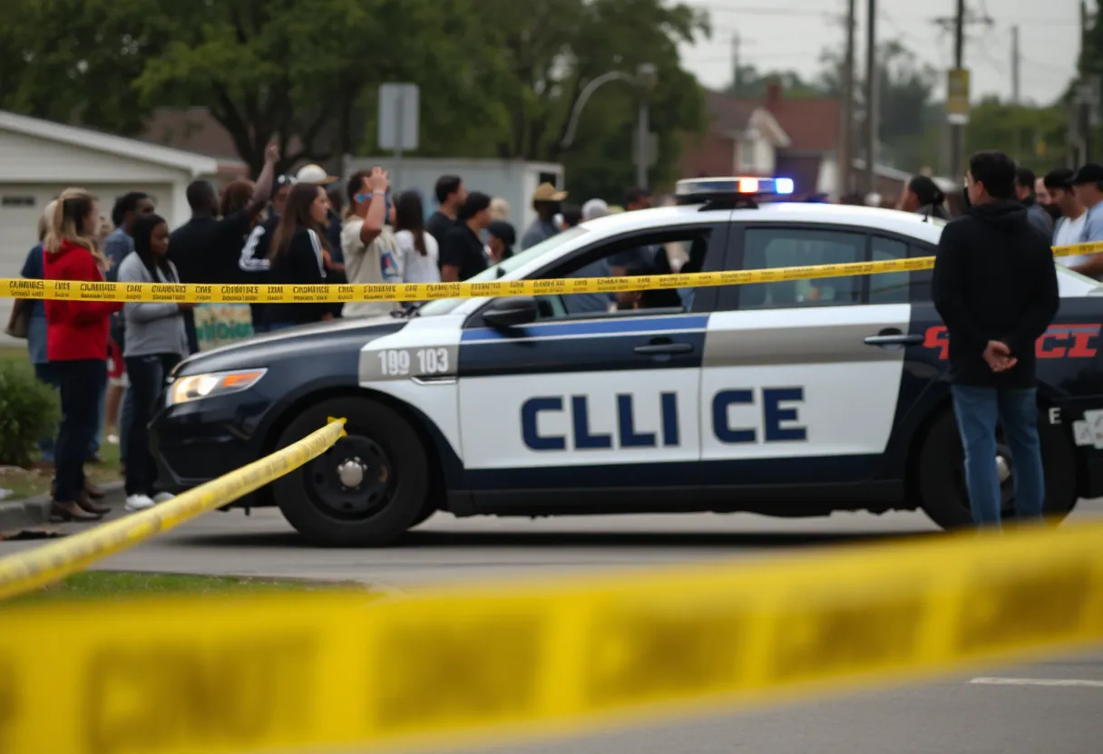 Police car at shooting scene in Laurel County with community members present.