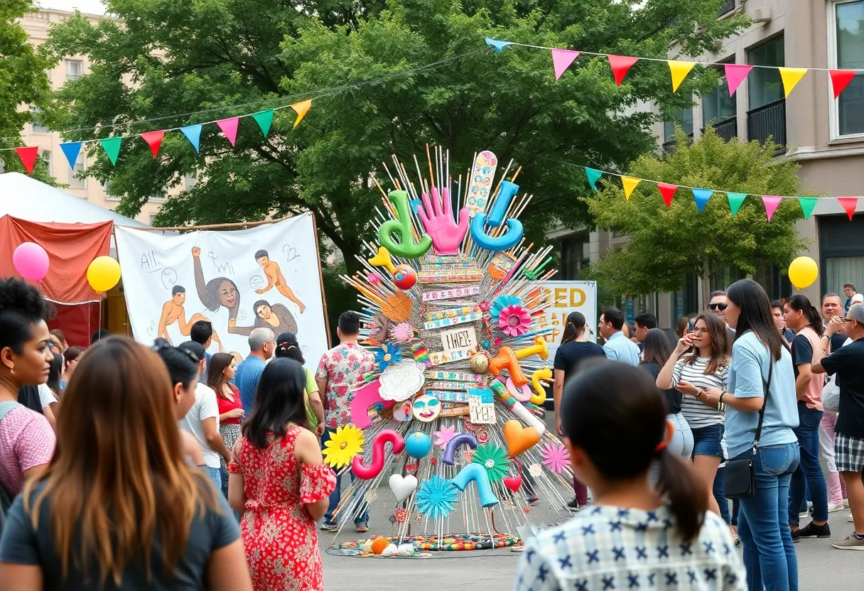 Community gathered at the Lexington 250th Anniversary event with public art installation