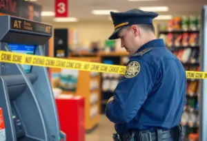 Police officer near an ATM during a theft investigation