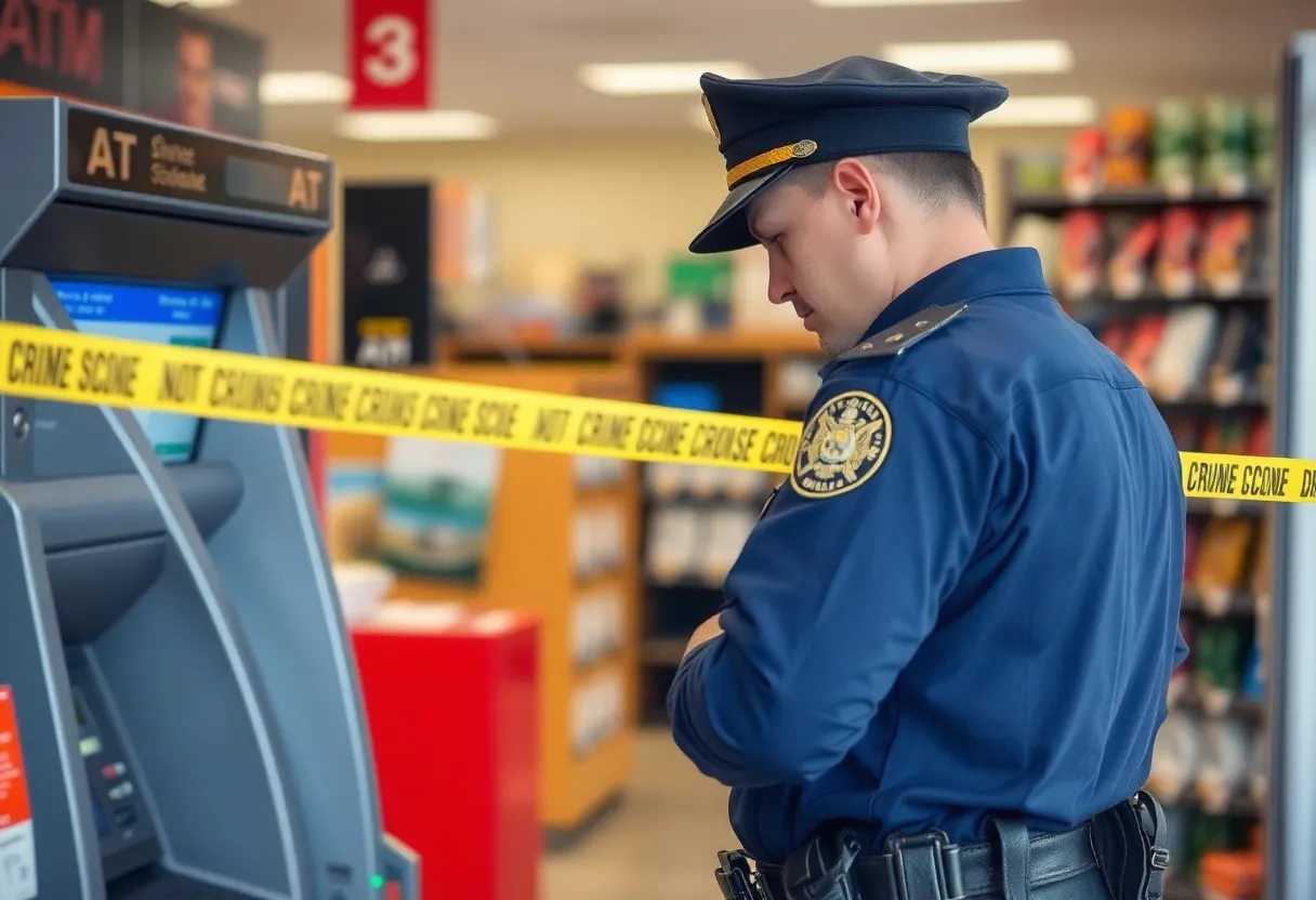 Police officer near an ATM during a theft investigation