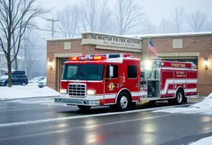 Fire station in Lexington, Kentucky, during snowfall.