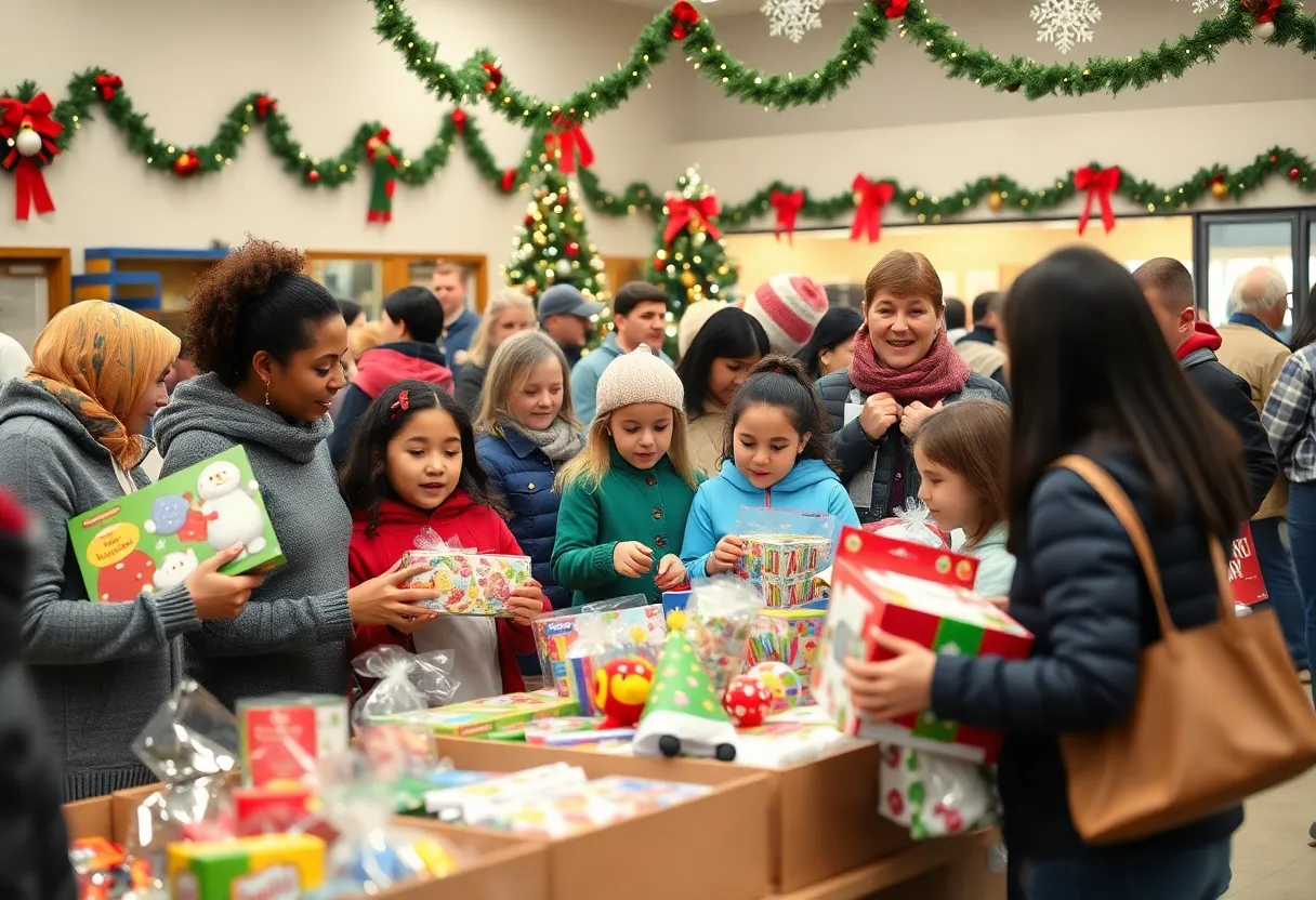 Families selecting toys at the Lexington Firefighters' Toy Program distribution event.