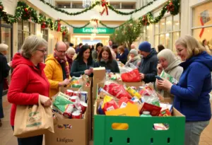 Volunteers at the Lexington food drive collecting non-perishable food items.