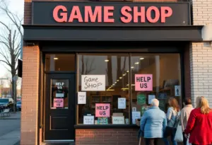 Community members gather outside OHKO Games after the break-in incident.