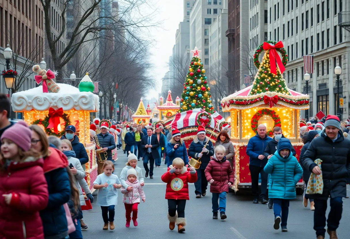 Lively holiday parade in Lexington Kentucky with festive floats