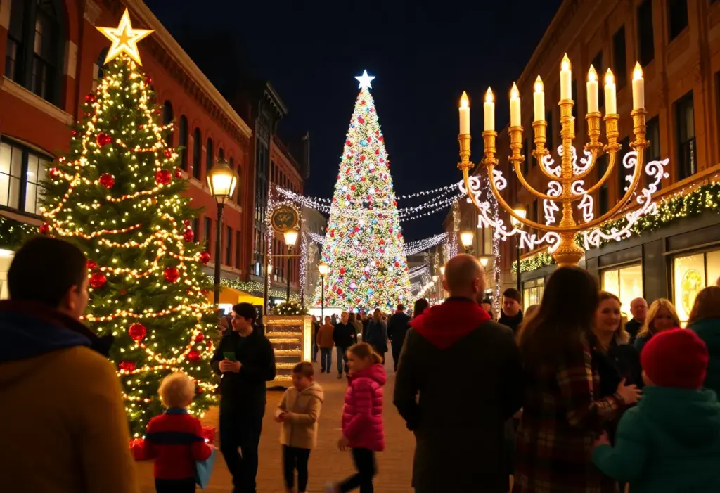 Holiday Lighting Festival in Lexington with illuminated Christmas tree and menorah