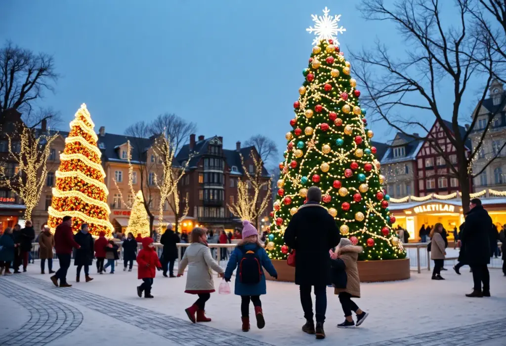 A festive winter scene featuring holiday lights and a digital Christmas tree in Lexington.