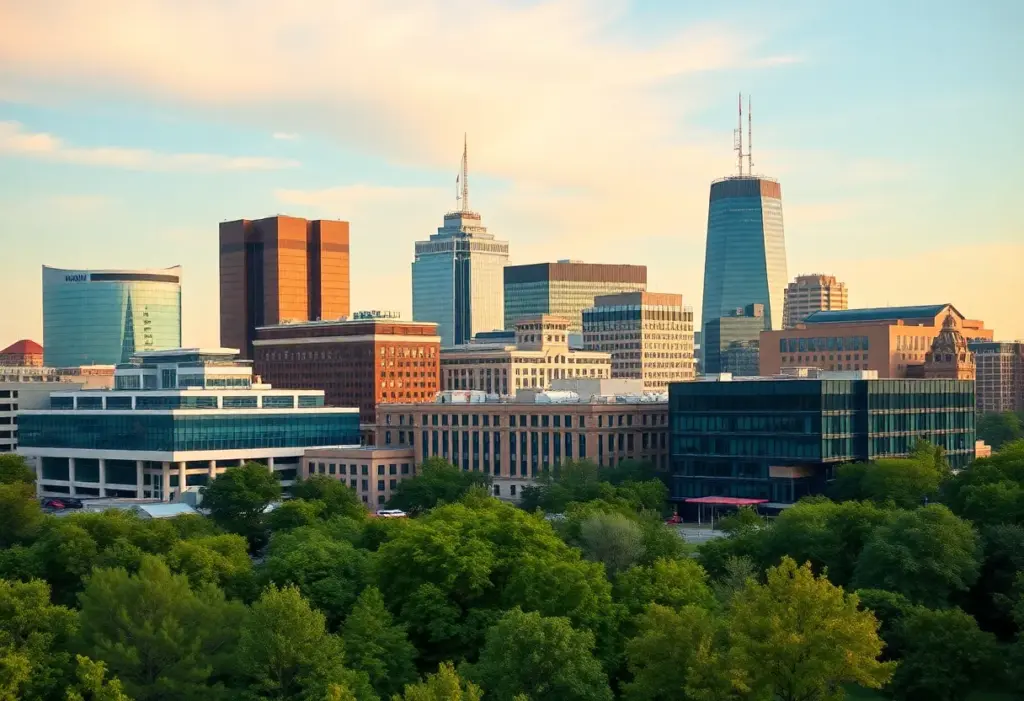 Skyline of Lexington, Kentucky showcasing modern buildings and nature.