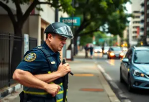 Lexington police officers searching for a suspect in an urban area