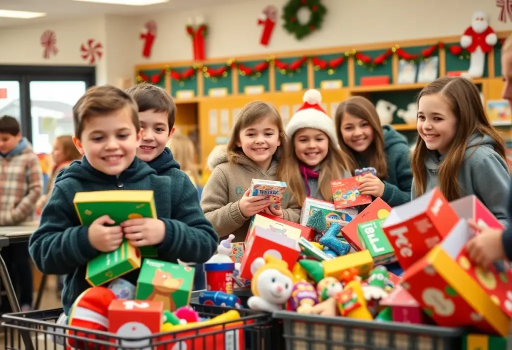 Students from Christ the King School sorting toys for Christmas donations