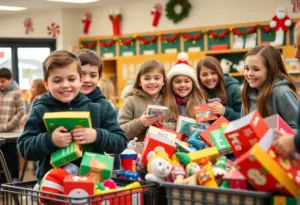 Students from Christ the King School sorting toys for Christmas donations
