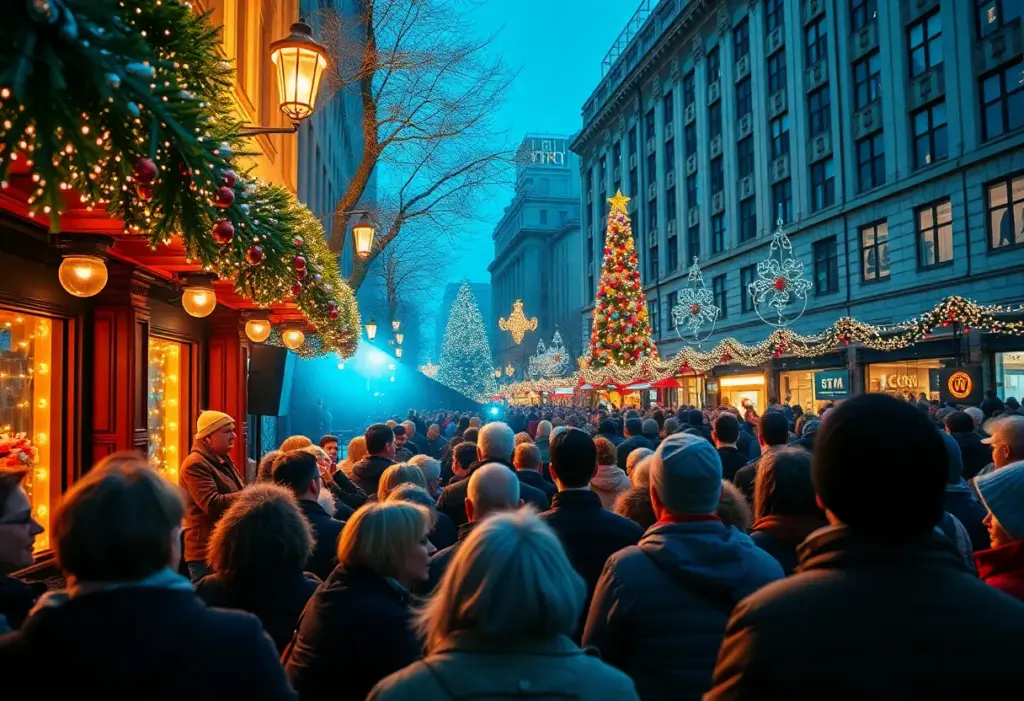 A winter concert scene in Lexington, Kentucky, featuring diverse people enjoying live music.