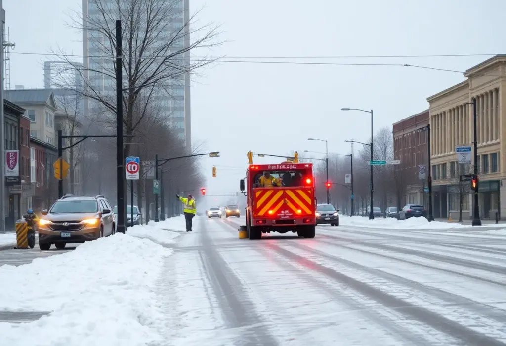 Snow and ice covered roads in Lexington Kentucky with city crews working.