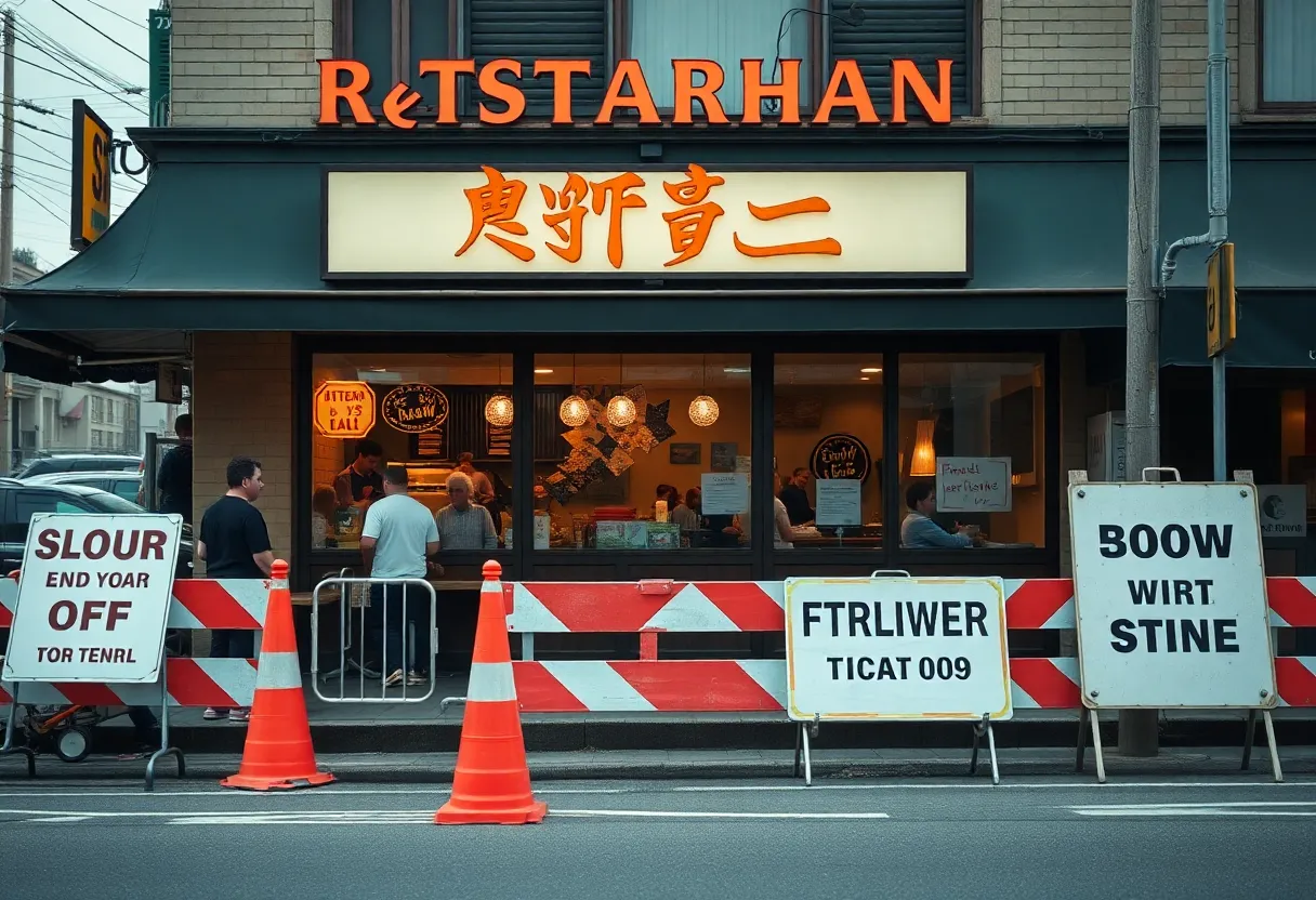 Local restaurant affected by construction with promotion signs