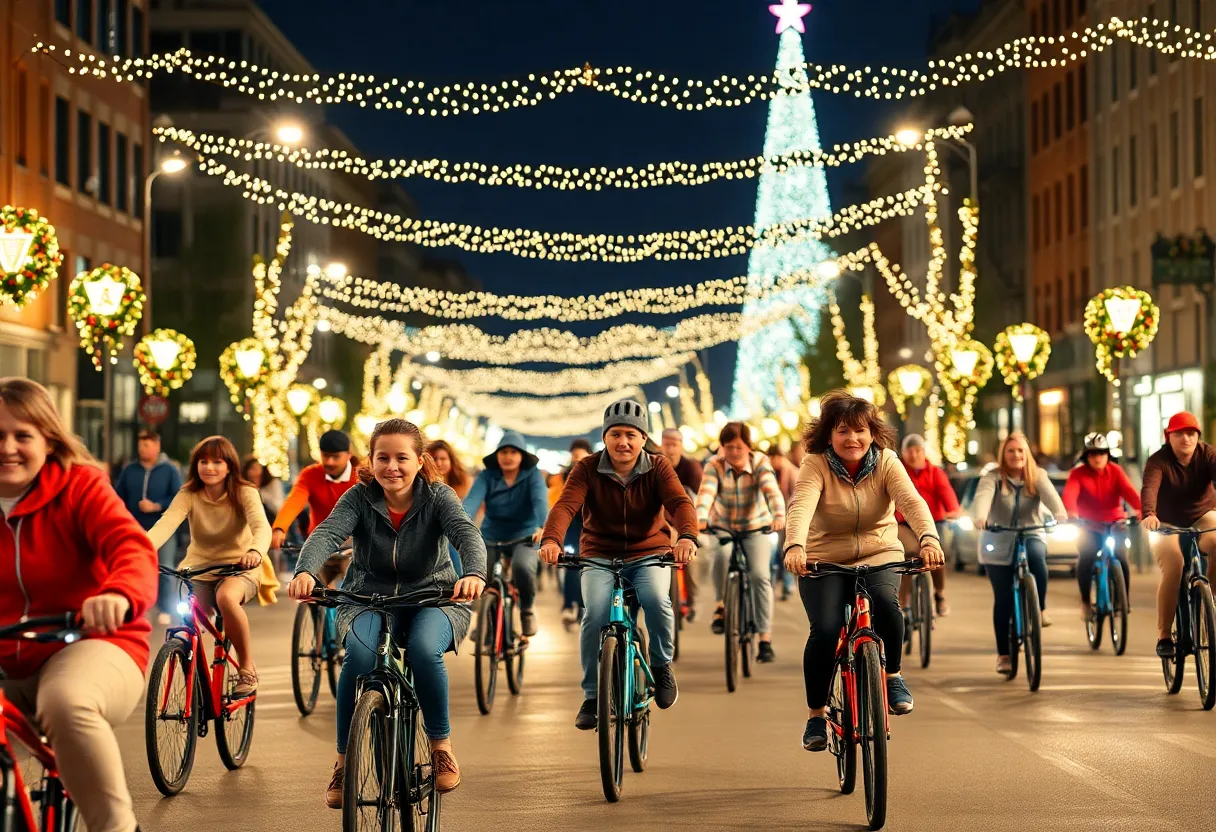 Cyclists participating in the Merry and Bright Bike Ride in Lexington