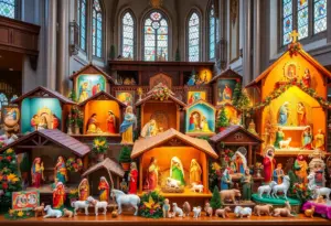 Display of nativity scenes from various cultures at Gardenside Christian Church