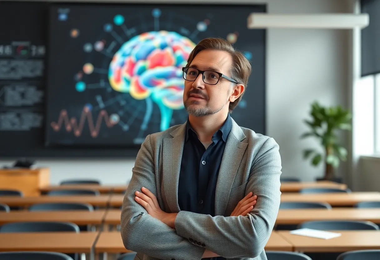 A neuroscientist explaining goal achievement strategies with brain imagery in the background.