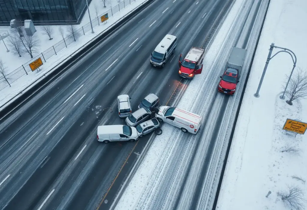 Aerial view of the New Circle Road collision with emergency vehicles at the scene.