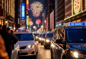 People celebrating responsibly on New Year's Eve with transportation options visible.