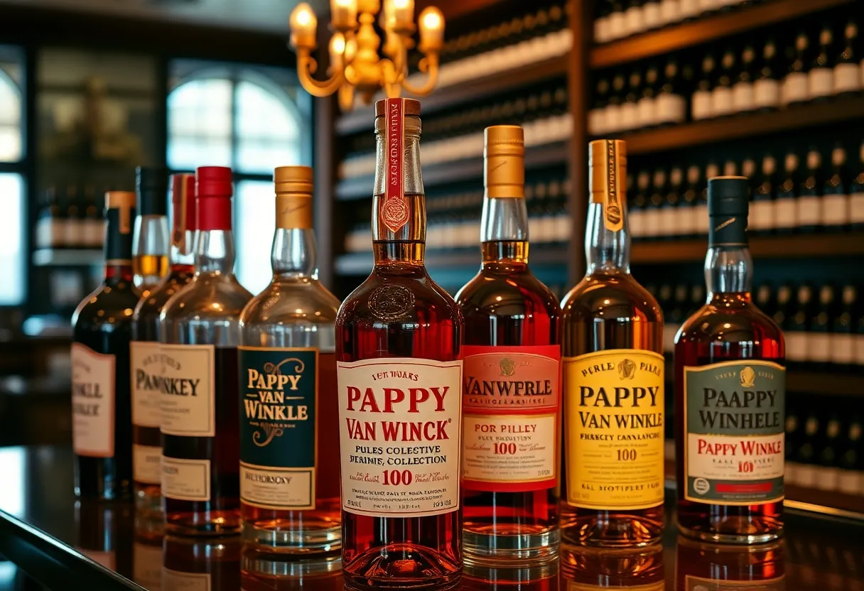 Pappy Van Winkle Bourbon bottles on display in a shop