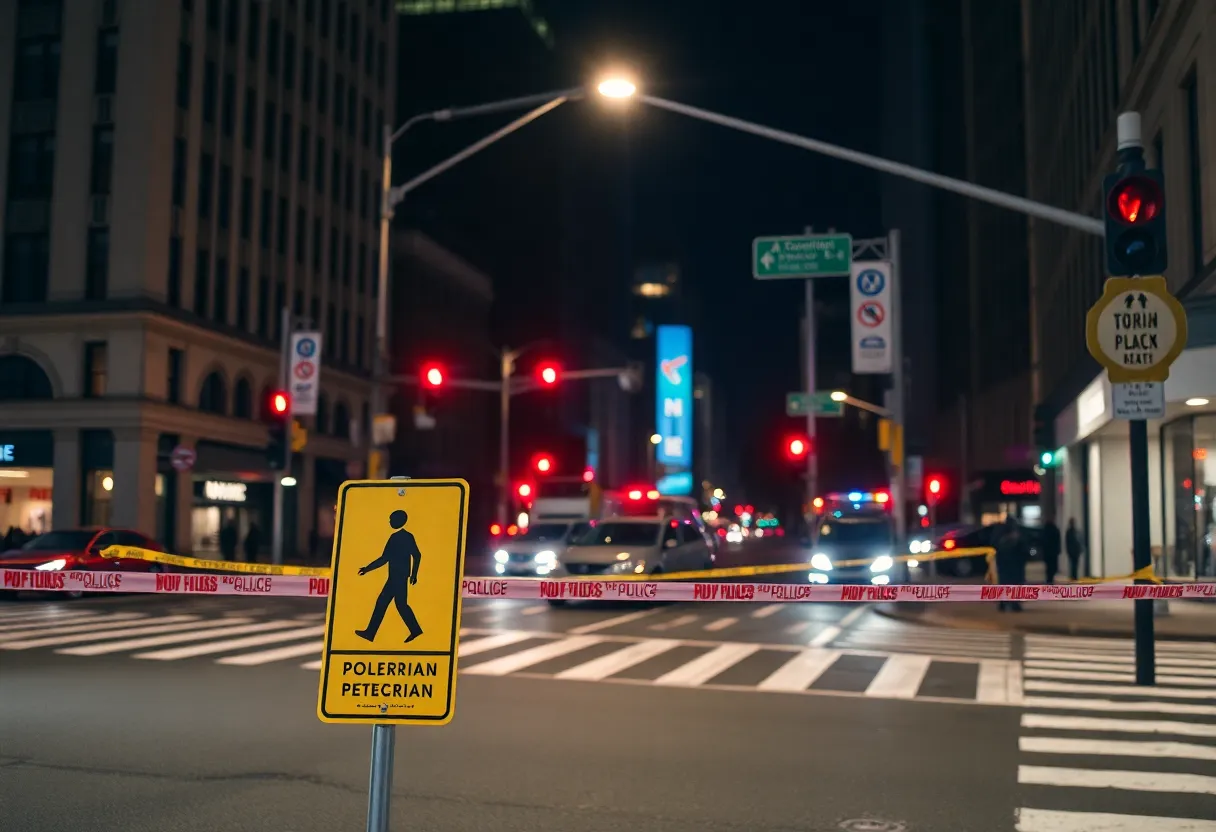 Scene of a pedestrian accident with police presence and emergency vehicles.