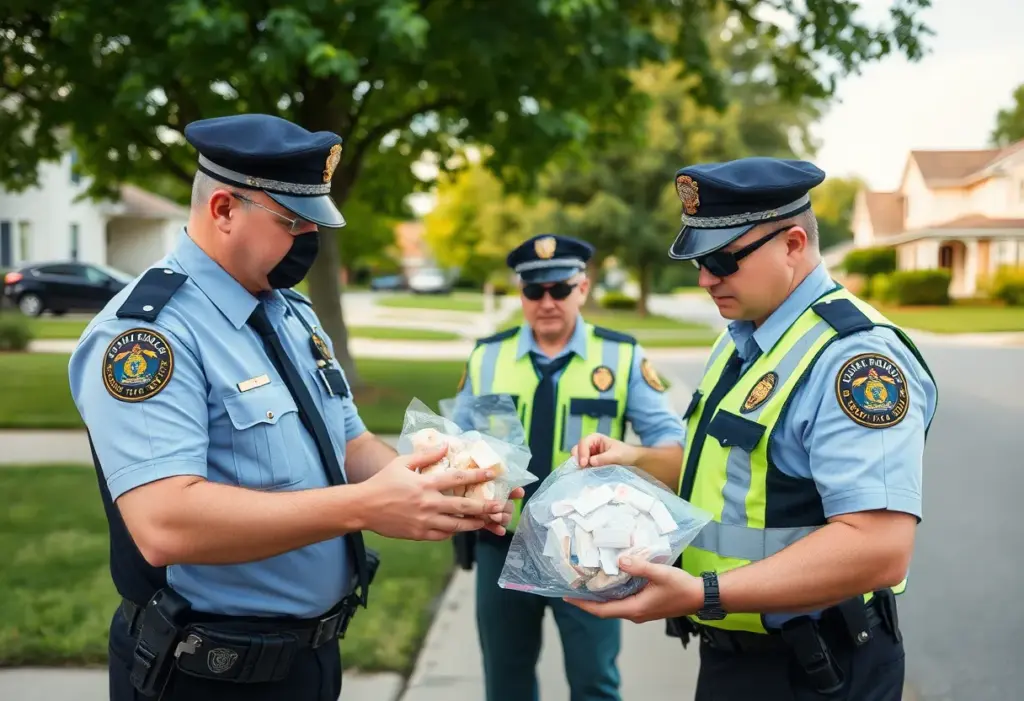 Police officers seizing illegal drugs during a drug enforcement operation.