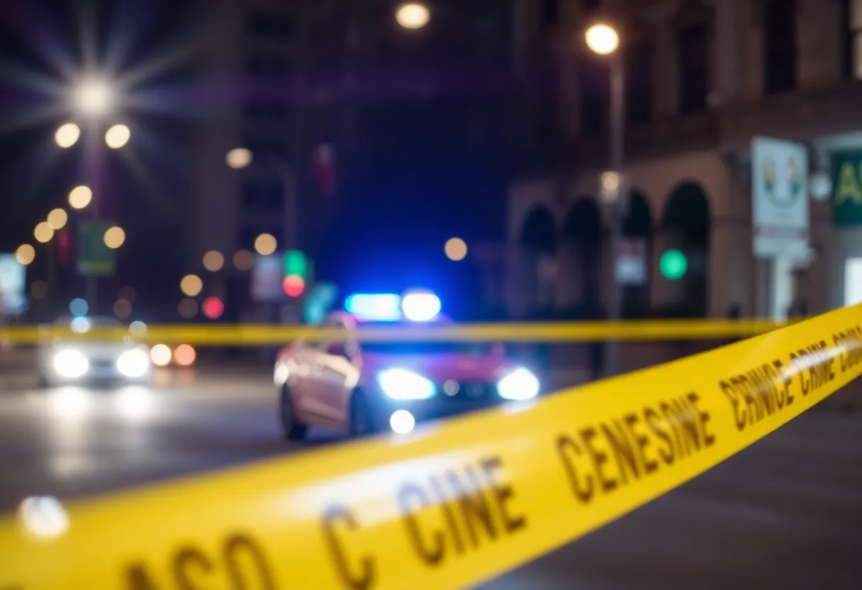 A police car at a shooting investigation scene at night.