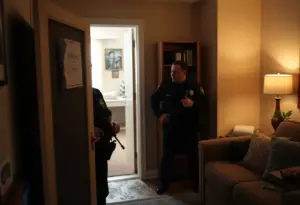 Police officer searching an apartment for marijuana evidence