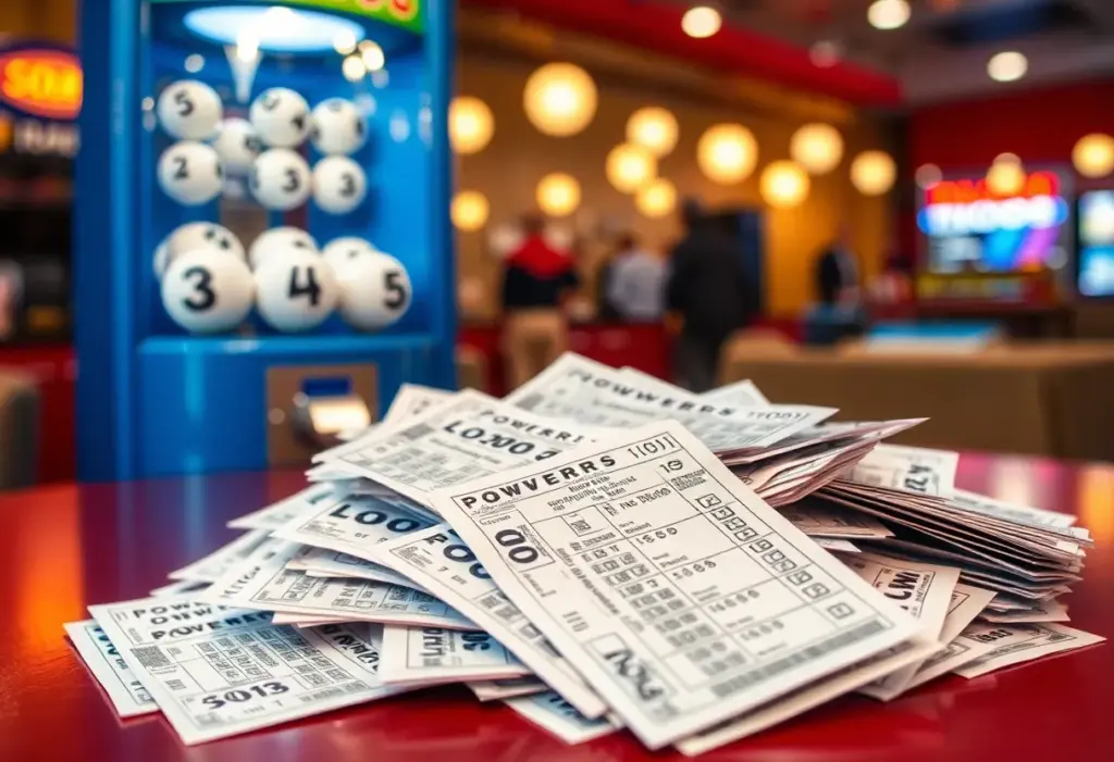 Powerball tickets on a table with a lottery machine
