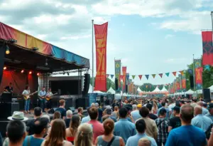 Audience enjoying the 2026 Railbird Music Festival with musicians on stage.