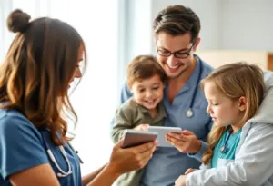 Family interacting with healthcare provider on a digital device