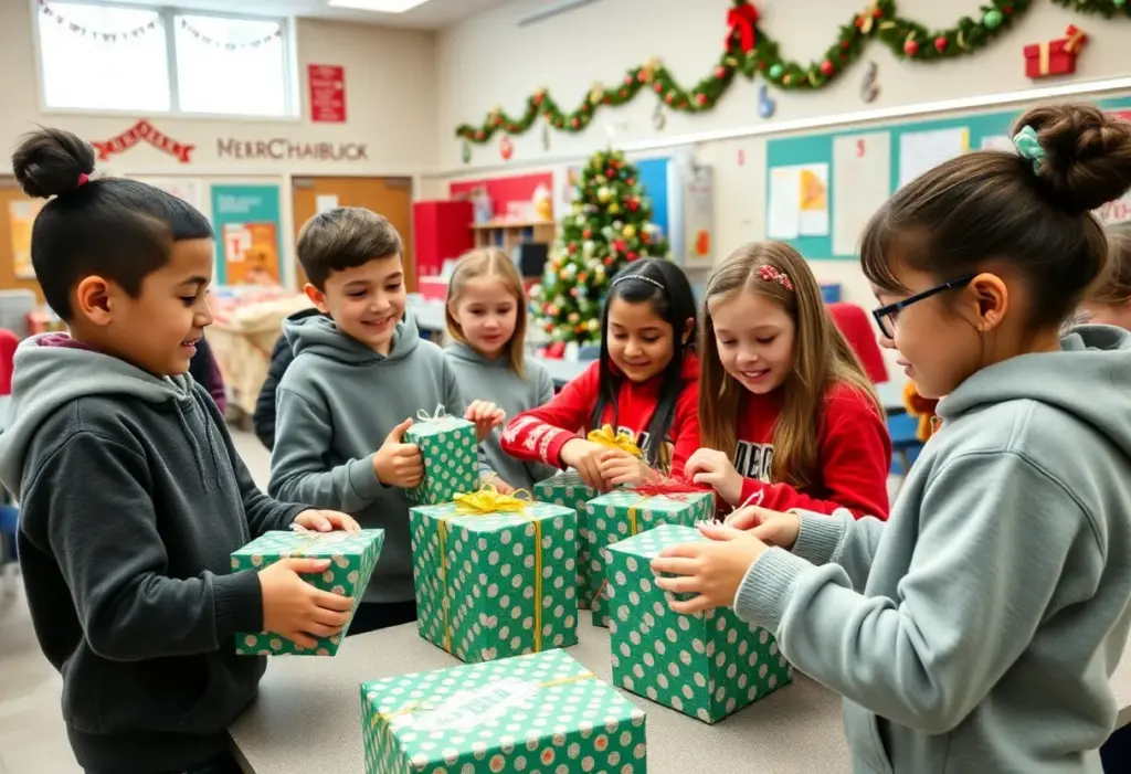 Students participating in the Santa Shoppe event selecting gifts