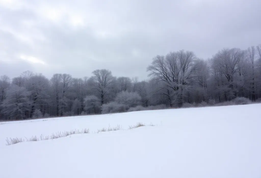 Snowy landscape in Kentucky under cloudy skies