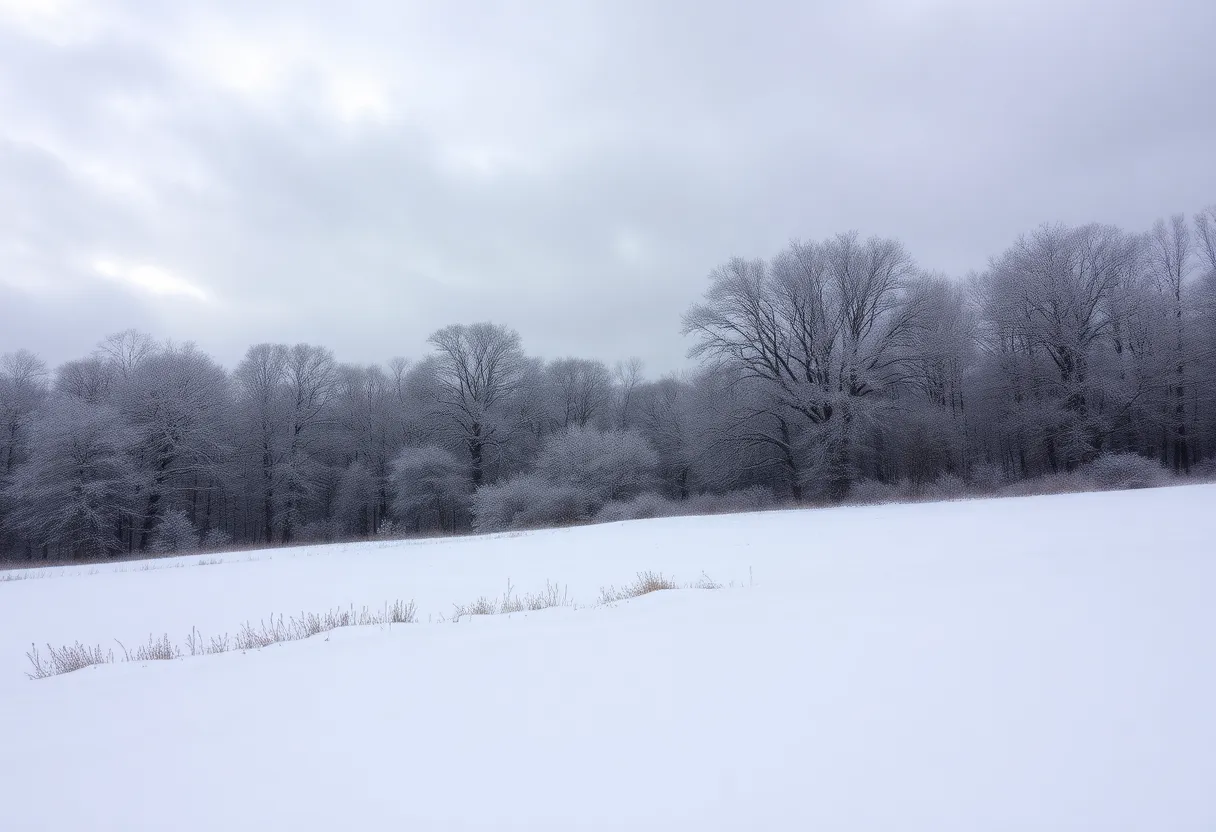 Snowy landscape in Kentucky under cloudy skies