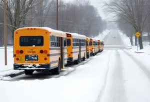 Snow-covered roads and empty school bus stops in Lexington, Kentucky