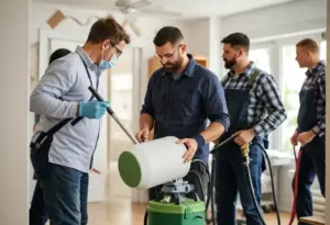 Team of professionals performing mold inspection in a residential area