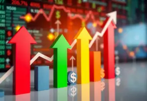 Visual representation of stock market growth with upward arrows.