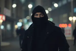 Surveillance image of a male suspect in black clothing